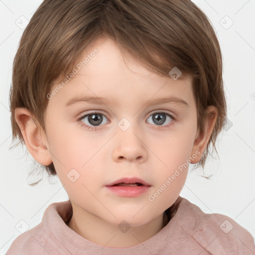 Neutral white child female with short  brown hair and grey eyes