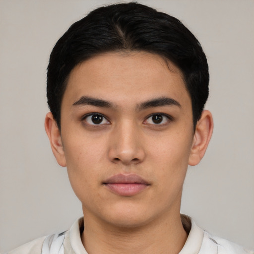 Neutral white young-adult male with short  black hair and brown eyes