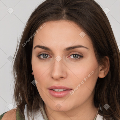 Neutral white young-adult female with medium  brown hair and brown eyes