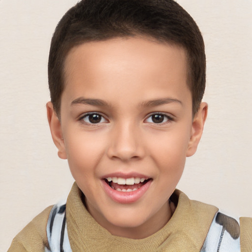 Joyful white child female with short  brown hair and brown eyes