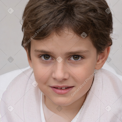 Joyful white child female with medium  brown hair and brown eyes