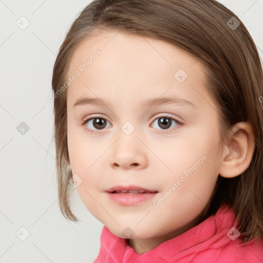 Joyful white child female with medium  brown hair and brown eyes