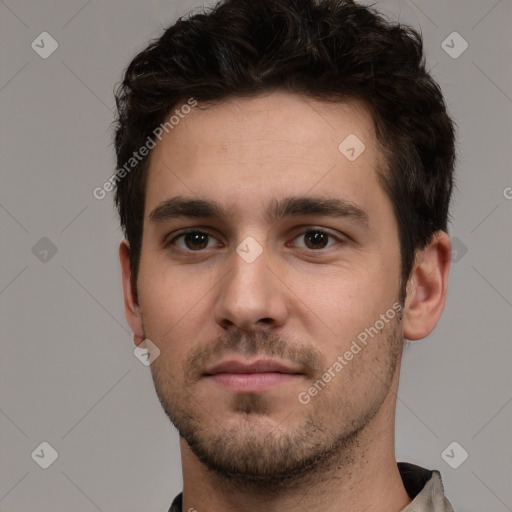 Neutral white young-adult male with short  brown hair and brown eyes