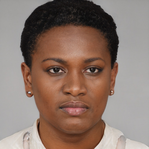 Neutral black young-adult female with short  brown hair and brown eyes