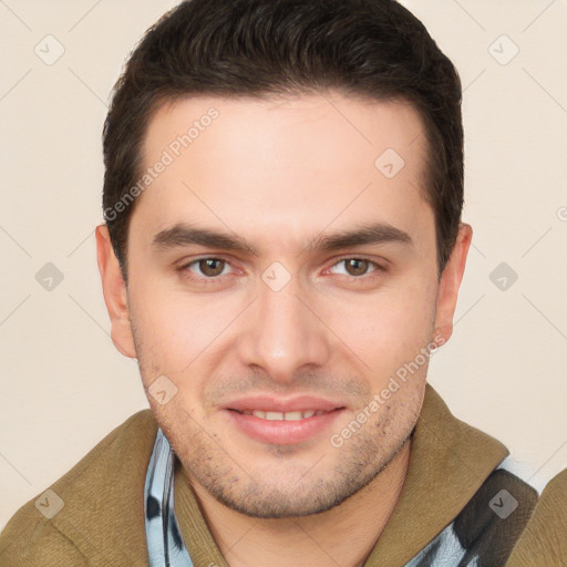 Joyful white young-adult male with short  brown hair and brown eyes