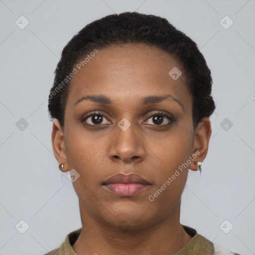 Neutral black young-adult female with short  black hair and brown eyes