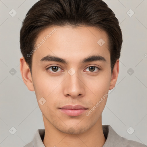 Neutral white young-adult male with short  brown hair and brown eyes