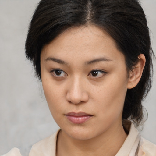 Neutral asian young-adult female with medium  brown hair and brown eyes
