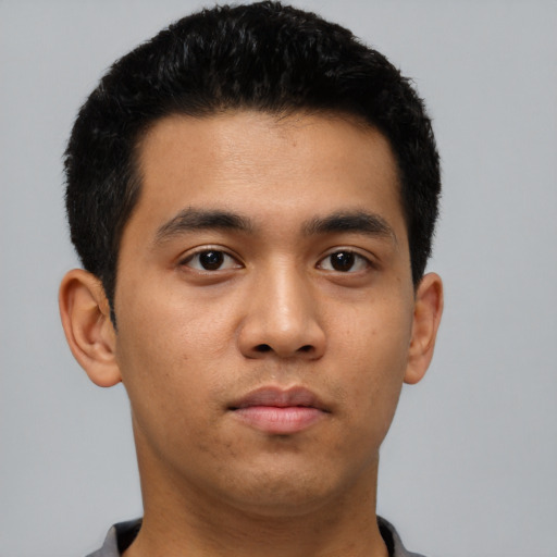 Neutral asian young-adult male with short  black hair and brown eyes
