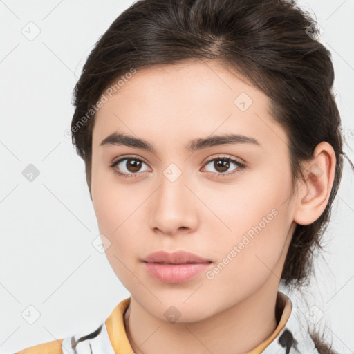 Neutral white young-adult female with medium  brown hair and brown eyes