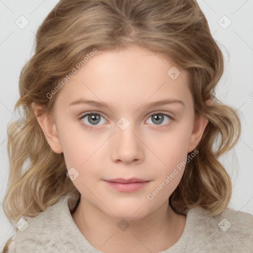 Neutral white child female with medium  brown hair and grey eyes