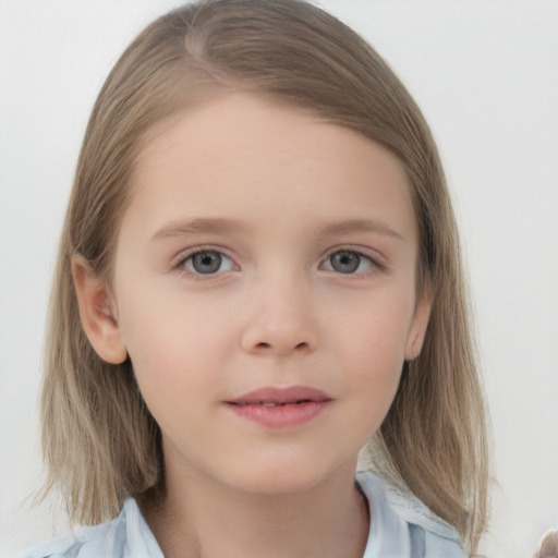 Neutral white child female with medium  brown hair and grey eyes