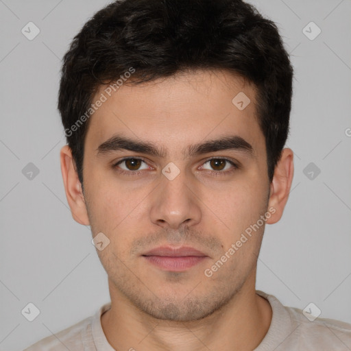 Neutral white young-adult male with short  brown hair and brown eyes