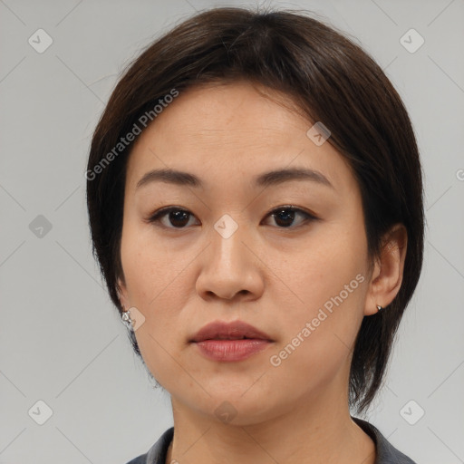 Neutral white young-adult female with medium  brown hair and brown eyes