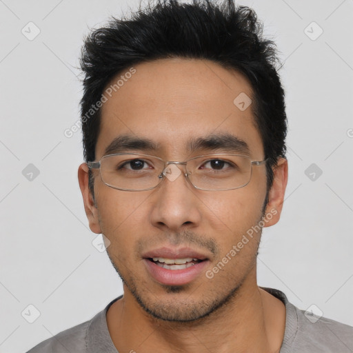 Neutral asian young-adult male with short  black hair and brown eyes