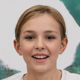 Joyful white child female with short  brown hair and brown eyes