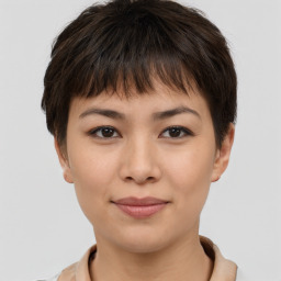 Joyful asian young-adult female with short  brown hair and brown eyes