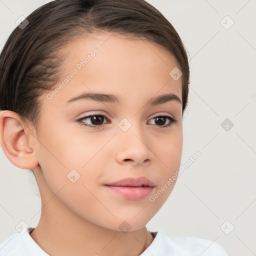 Joyful white child female with medium  brown hair and brown eyes