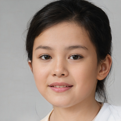 Joyful white child female with medium  brown hair and brown eyes