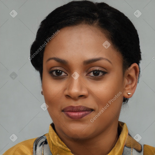Joyful latino young-adult female with short  black hair and brown eyes
