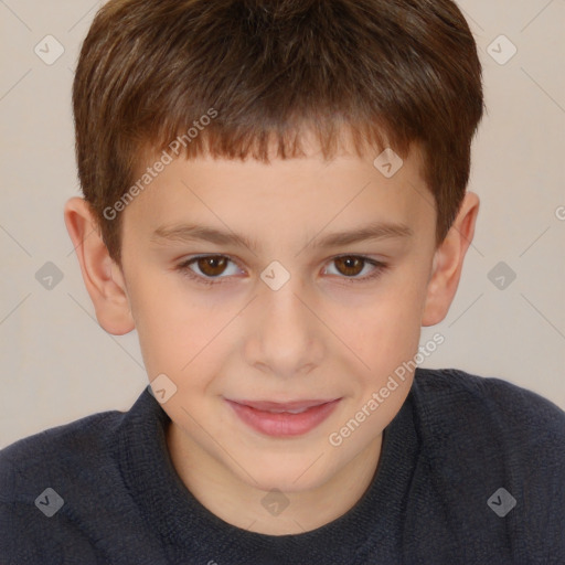 Joyful white child male with short  brown hair and brown eyes