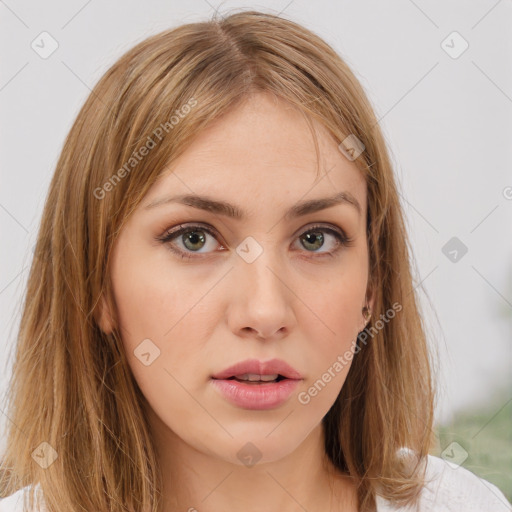 Neutral white young-adult female with medium  brown hair and brown eyes