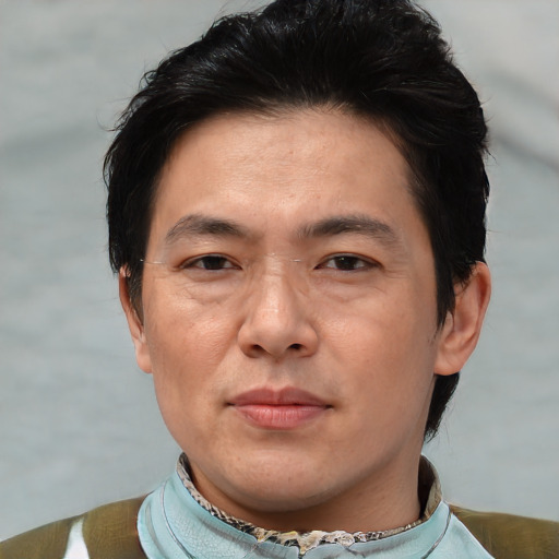 Joyful asian adult male with short  brown hair and brown eyes