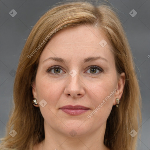 Joyful white adult female with medium  brown hair and grey eyes