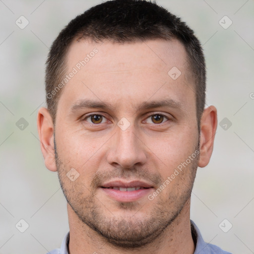 Neutral white adult male with short  brown hair and brown eyes