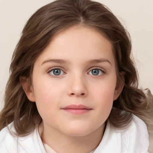 Joyful white child female with medium  brown hair and blue eyes