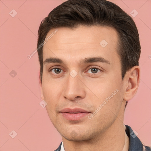 Joyful white young-adult male with short  brown hair and brown eyes