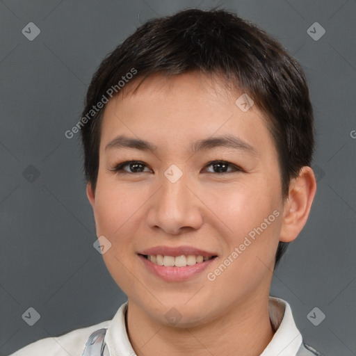 Joyful white young-adult female with short  brown hair and brown eyes