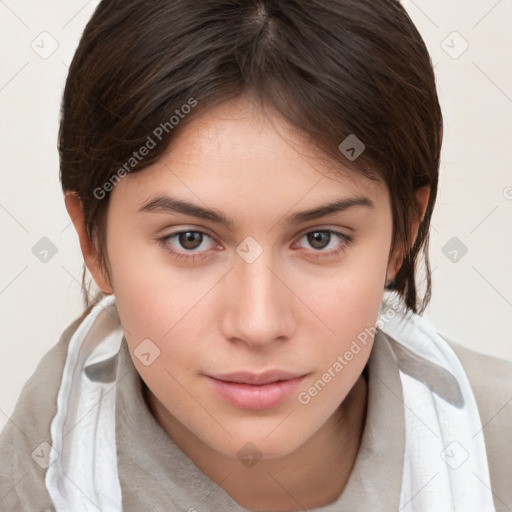 Neutral white young-adult female with medium  brown hair and brown eyes