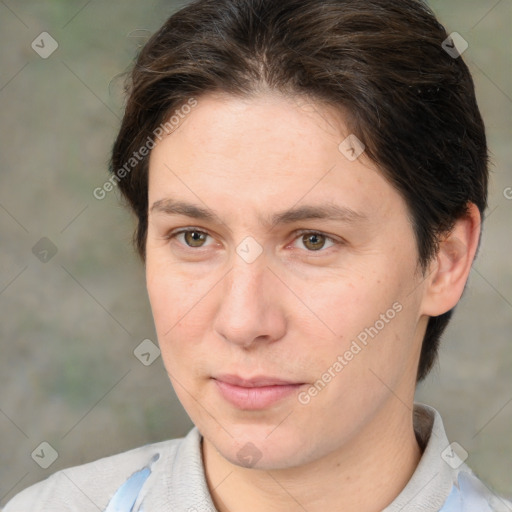 Joyful white adult female with medium  brown hair and brown eyes