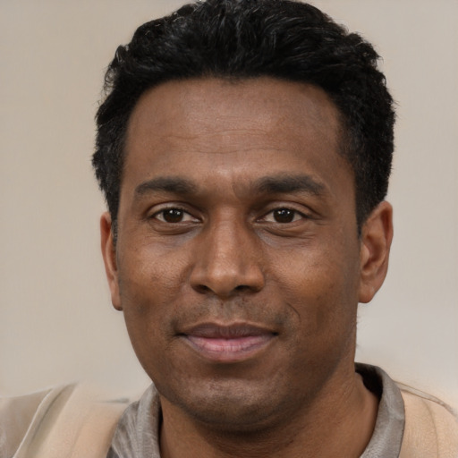 Joyful latino adult male with short  black hair and brown eyes