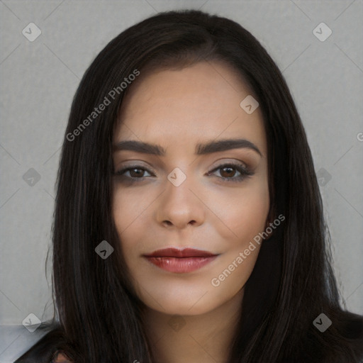 Neutral white young-adult female with long  black hair and brown eyes