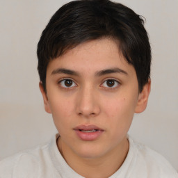 Neutral white young-adult female with short  brown hair and brown eyes