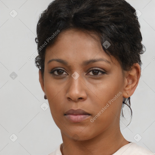 Neutral black young-adult female with short  brown hair and brown eyes