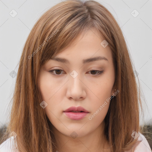 Neutral white young-adult female with long  brown hair and brown eyes