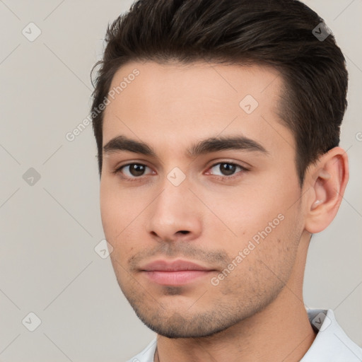 Neutral white young-adult male with short  brown hair and brown eyes