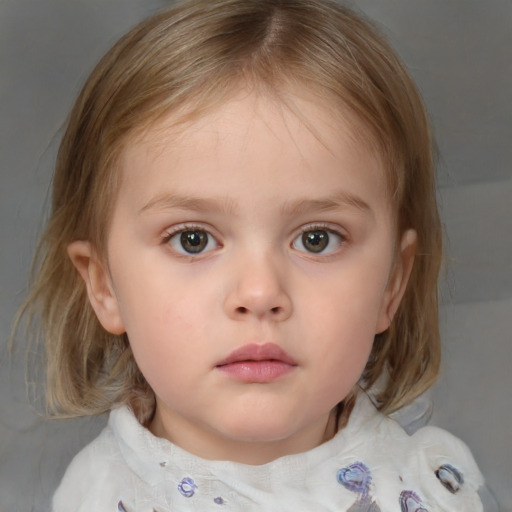 Neutral white child female with medium  brown hair and blue eyes