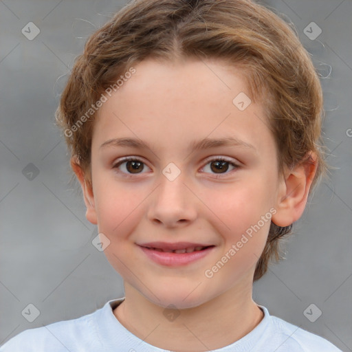 Joyful white child female with short  brown hair and brown eyes