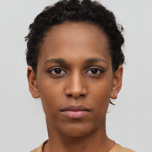 Neutral black young-adult female with short  black hair and brown eyes