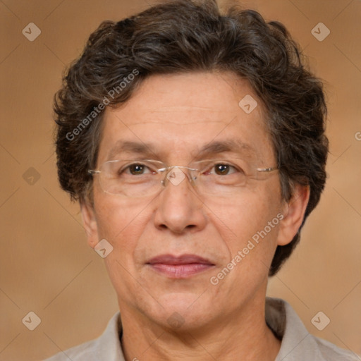 Joyful white middle-aged male with short  brown hair and brown eyes