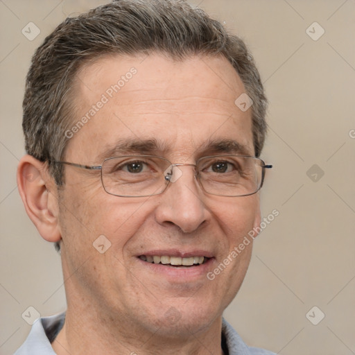 Joyful white middle-aged male with short  brown hair and brown eyes