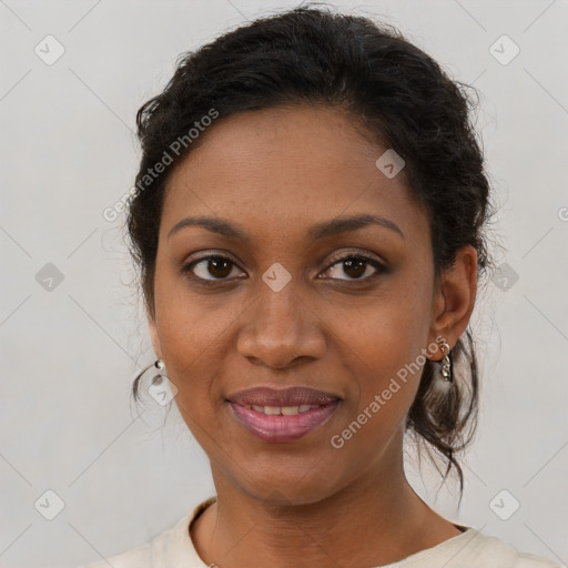 Joyful black young-adult female with medium  brown hair and brown eyes