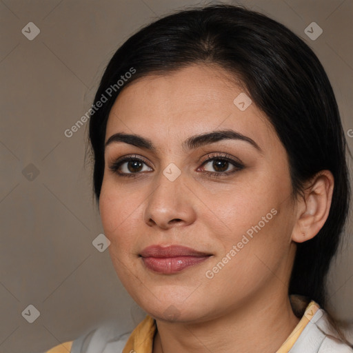 Joyful white young-adult female with medium  brown hair and brown eyes