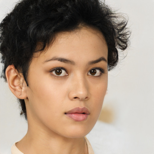 Neutral asian young-adult female with medium  brown hair and brown eyes