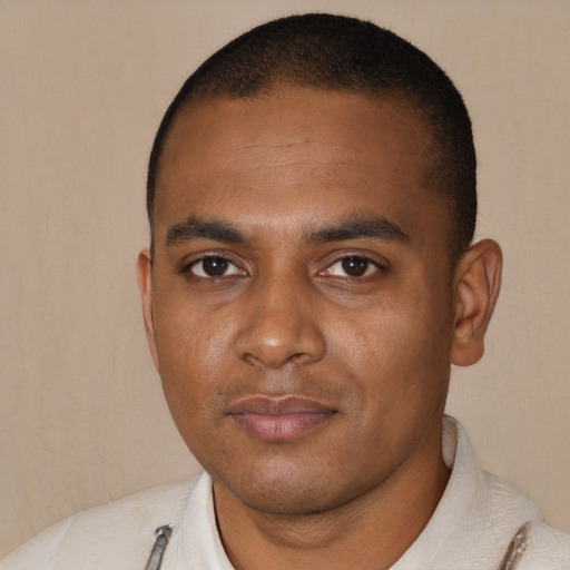 Neutral black young-adult male with short  black hair and brown eyes