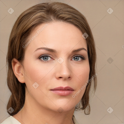 Neutral white young-adult female with medium  brown hair and grey eyes